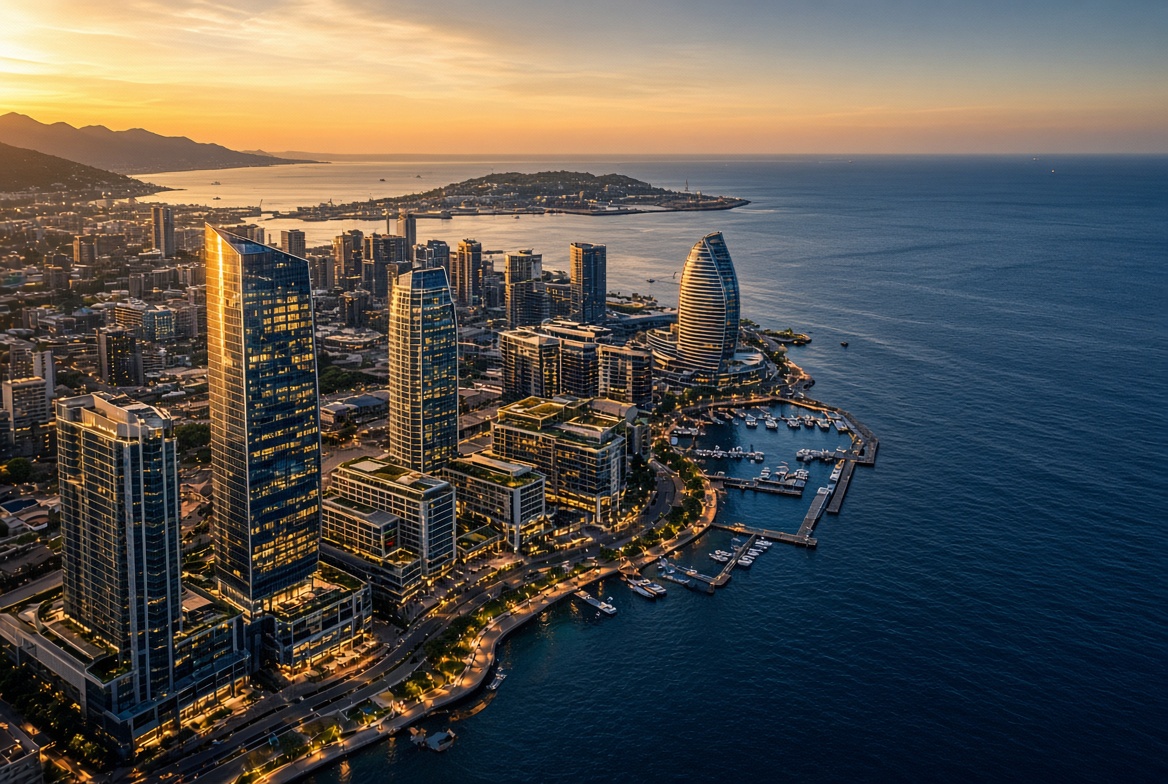 Coastal African city at golden hour